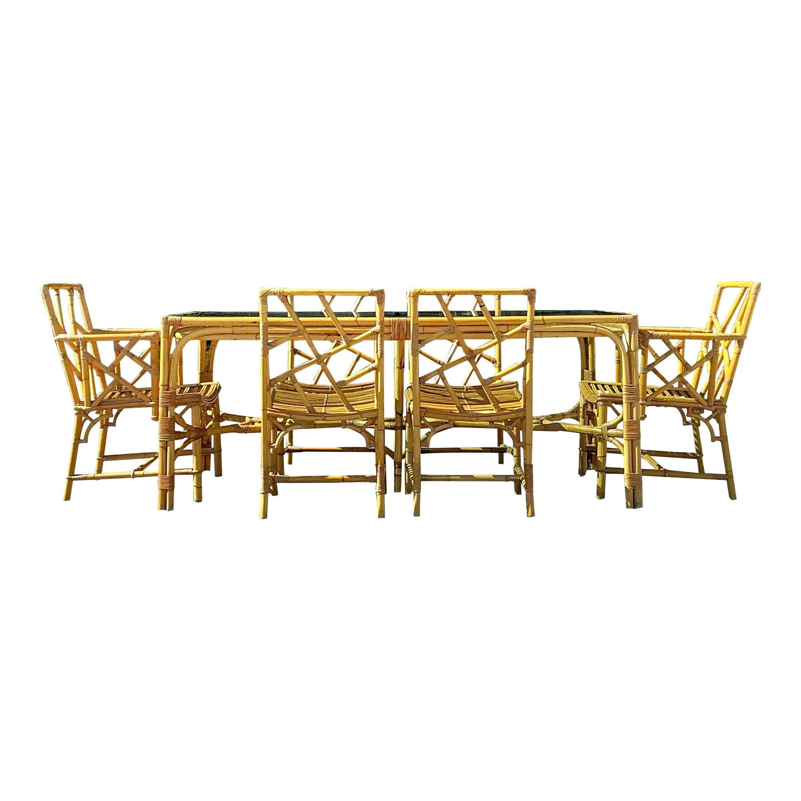 Vintage Coastal Chinese Chippendale Rattan Dining Set of 7 with Natural Finish: Vintage Coastal Chinese Chippendale Rattan Dining Set of 7 with Natural Finish Elevate your dining experience with this stunning vintage Coastal Chinese Chippendale rattan dining set. This exquisite c