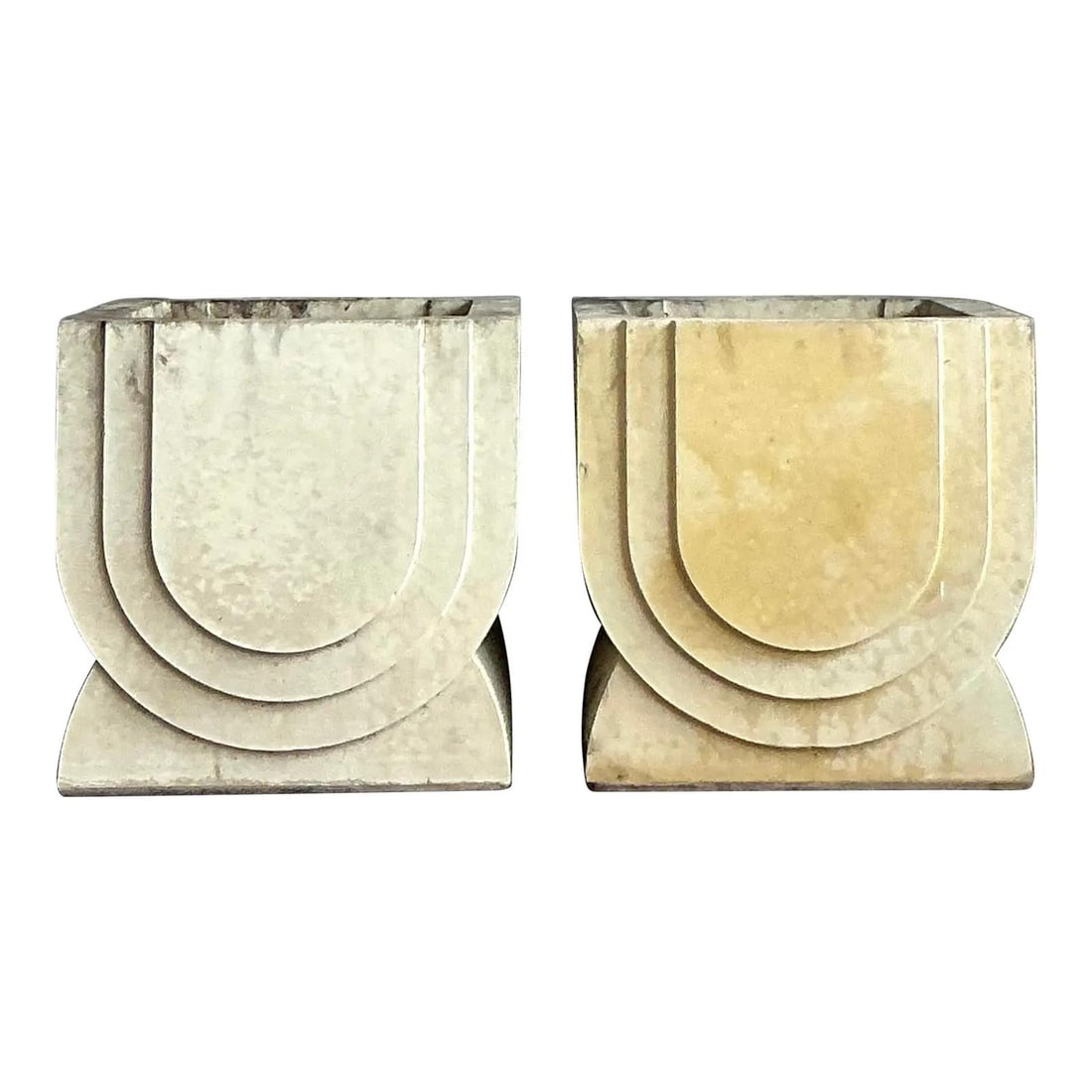 Vintage Boho Stone Planters Pair Art Deco Design 16.75": Vintage Boho Stone Planters Pair Art Deco Design 16.75" This impressive pair of vintage planters showcases a timeless architectural grandeur, expertly crafted from heavy, substantial carved stone. The