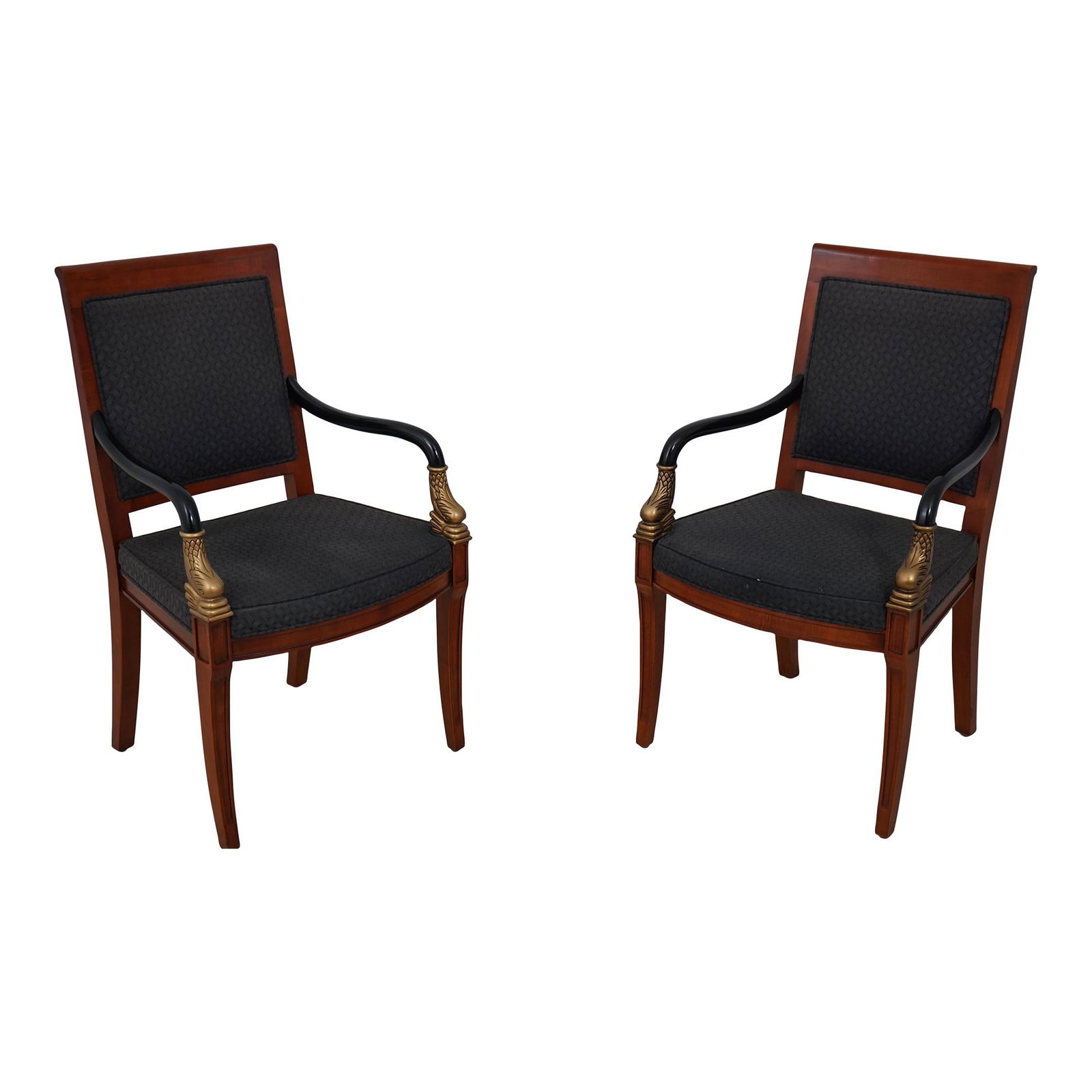 Elegant Pair of Century Dolphin Armchairs in Cherry Finish: Elegant Pair of Century Dolphin Armchairs in Cherry Finish This elegant pair of Century Regency Style Dolphin Armchairs combines classic design with quality construction, showcasing ebonized arms on a