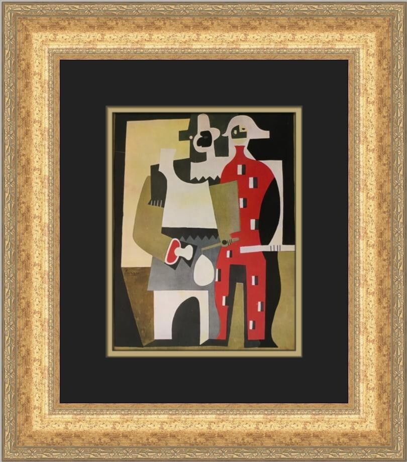 Pablo Picasso Portrait of Two Harlequins Custom Framed Art Print: Pablo Picasso Portrait of Two Harlequins Custom Framed Art Print This elegant custom framed print features Pablo Picasso's iconic work, "Portrait of Two Harlequins", rendered in the expressive style o