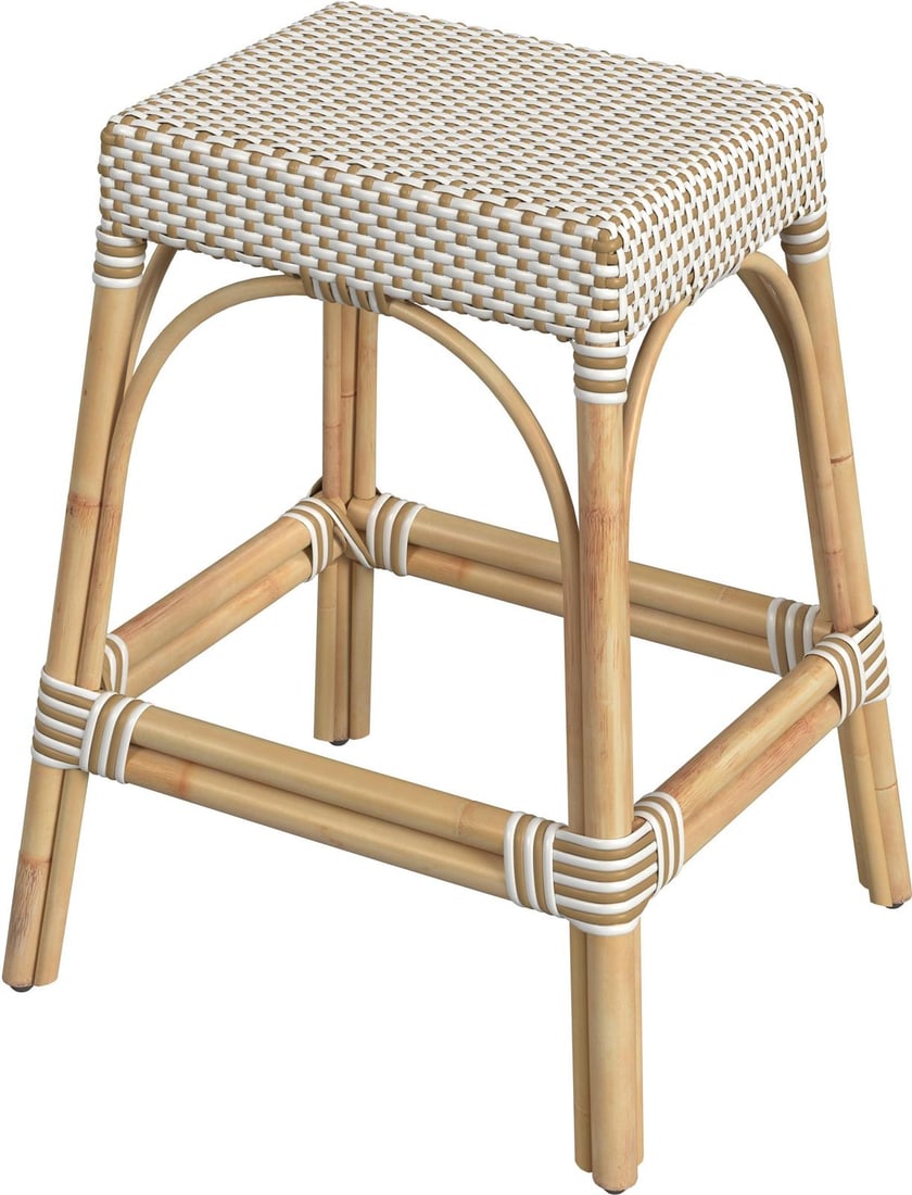 Butler Coastal Counter Stool Natural Rattan Beige White 24.5H: Butler Coastal Counter Stool Natural Rattan Beige White 24.5H Elevate your interior with the Coastal Counter Stool, designed for both comfort and style. This stool features a natural rattan frame beau