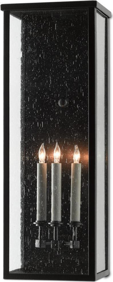 Currey Tanzy Outdoor Wall Sconce Midnight Finish 28H: Currey Tanzy Outdoor Wall Sconce Midnight Finish 28H Illuminate your outdoor spaces with the Traditional Tanzy Sconce, a beautifully crafted wall light that combines style and functionality. Designed