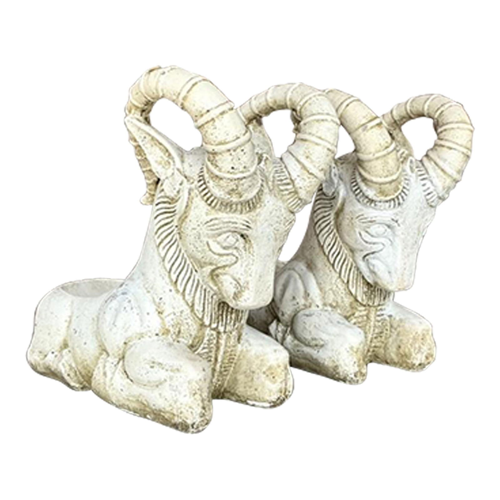 Vintage Boho Cement Ram's Head Planters Pair: Vintage Boho Cement Ram's Head Planters Pair Enhance your garden or indoor decor with this pair of vintage boho cement ram's head planters. Crafted from durable concrete, these planters showcase intri