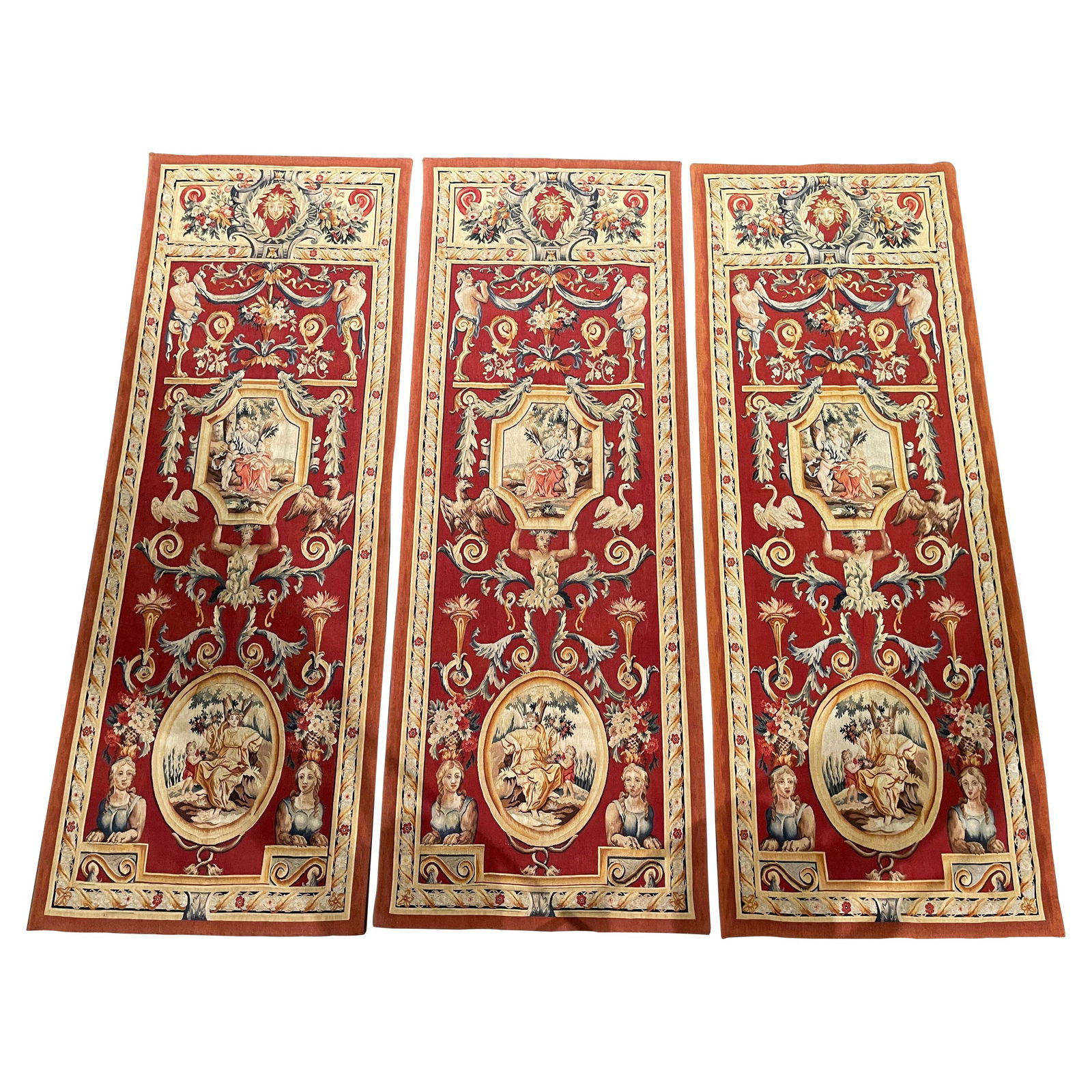 Set of 3 French Aubusson Tapestries with Allegorical Motifs: Set of 3 French Aubusson Tapestries with Allegorical Motifs Enhance your living space with this exquisite set of three French Aubusson portiere tapestries, each featuring intricate allegorical scenes
