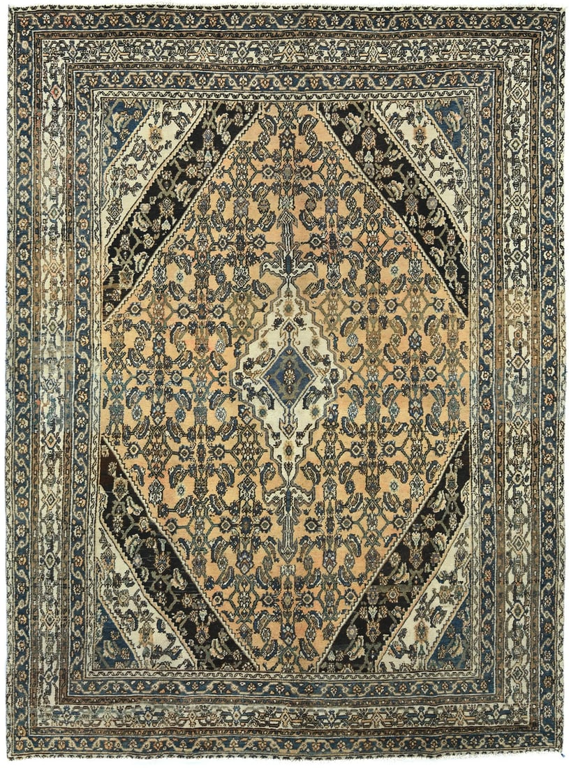 8'4 x 11'2 Wool Floral Semi-Antique Hand-Knotted Area Rug for Living Room: 8'4 x 11'2 Wool Floral Semi-Antique Hand-Knotted Area Rug for Living Room This handmade semi-antique Oriental rug features a floral pattern in shades of light peach, cream, green, brown, and charcoal.