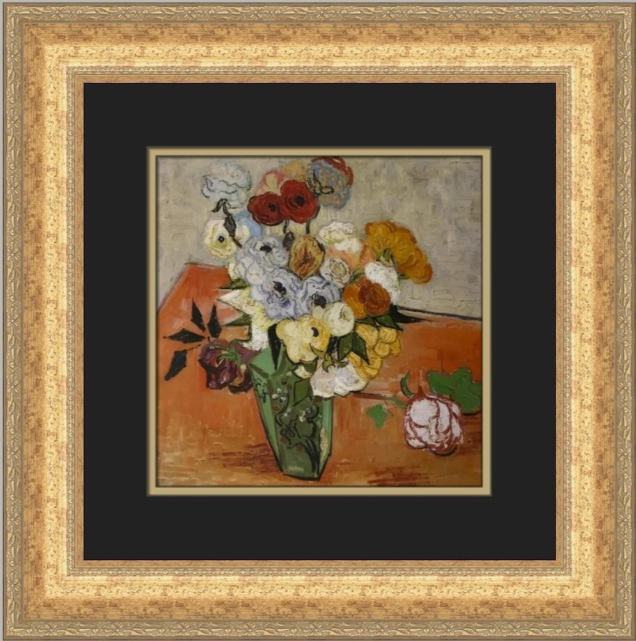 Vincent Van Gogh Japanese Vase Roses Anemones Custom Framed Print 18x18: Vincent Van Gogh Japanese Vase Roses Anemones Custom Framed Print 18x18 This stunning custom framed print features Vincent Van Gogh's iconic artwork titled "Japanese Vase with Roses and Anemones." Mea