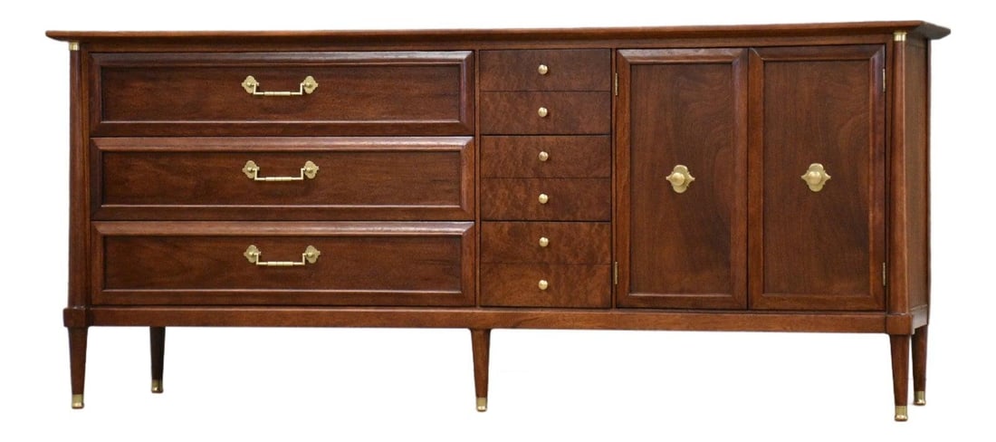 1960s Mid Century Walnut Burl Dresser with Brass Accents: 1960s Mid Century Walnut Burl Dresser with Brass Accents This stunning mid-century modern dresser from the 1960s features a beautifully refinished walnut and burl design, complemented by polished bras