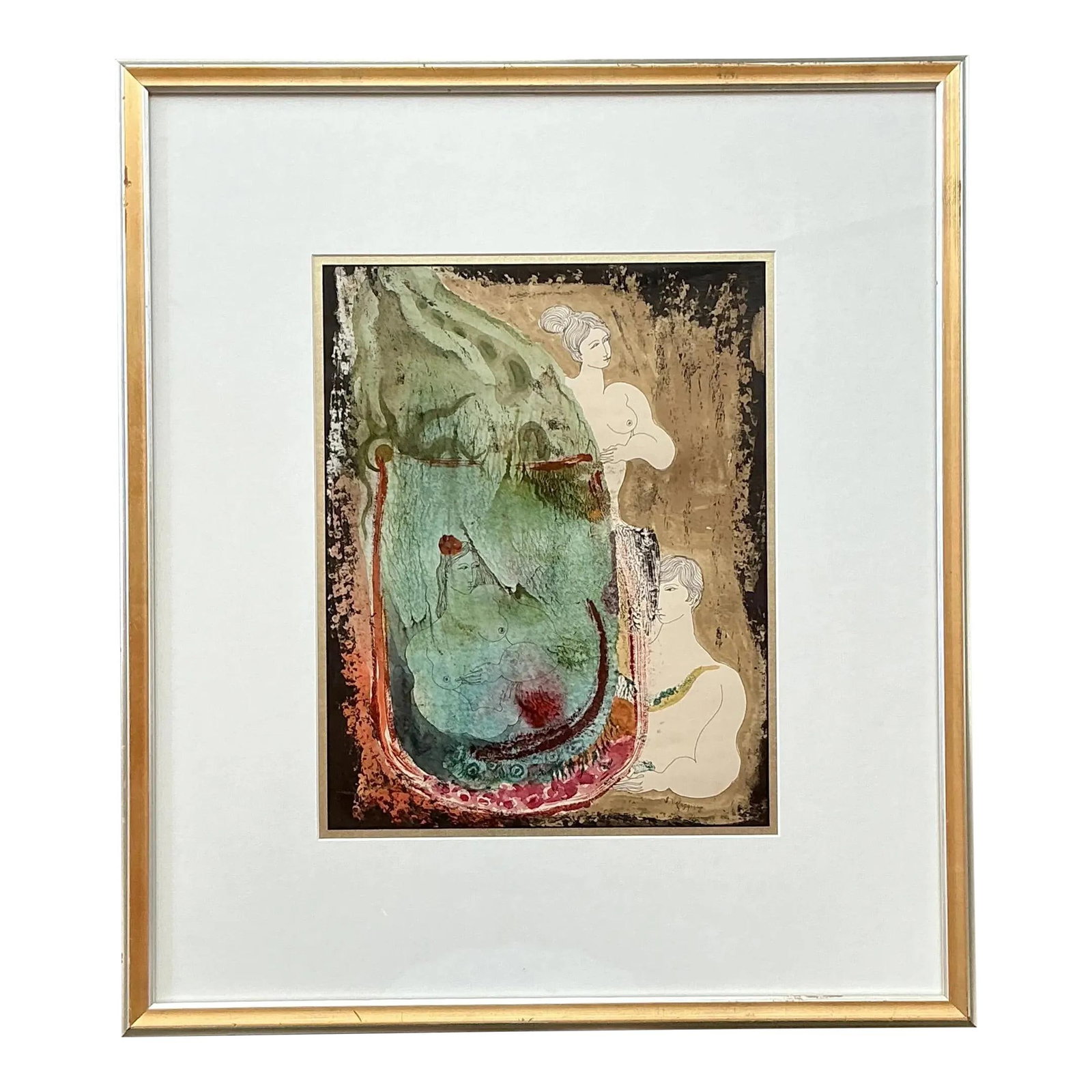 Vintage Boho Abstract Nude Mixed Media Art in Gold Frame: Vintage Boho Abstract Nude Mixed Media Art in Gold Frame Discover this elegant vintage artwork featuring a captivating mixed media composition of abstract nude figures. The piece showcases a vibrant i