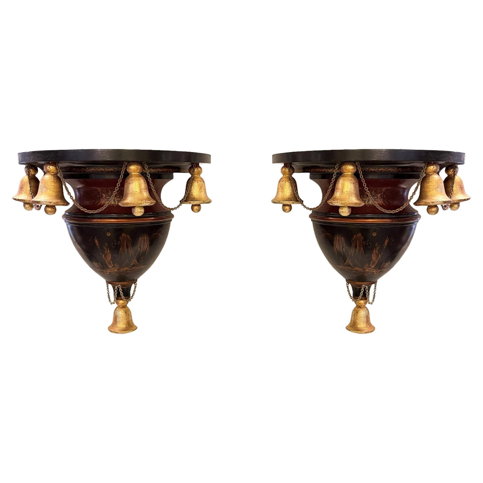 Set of Two Hand-Painted Giltwood Chinoiserie Wall Shelves: Set of Two Hand-Painted Giltwood Chinoiserie Wall Shelves This set includes two Chinoiserie wall brackets crafted from wood with hand-painted designs and gilt accents. Dating to the late 20th century,