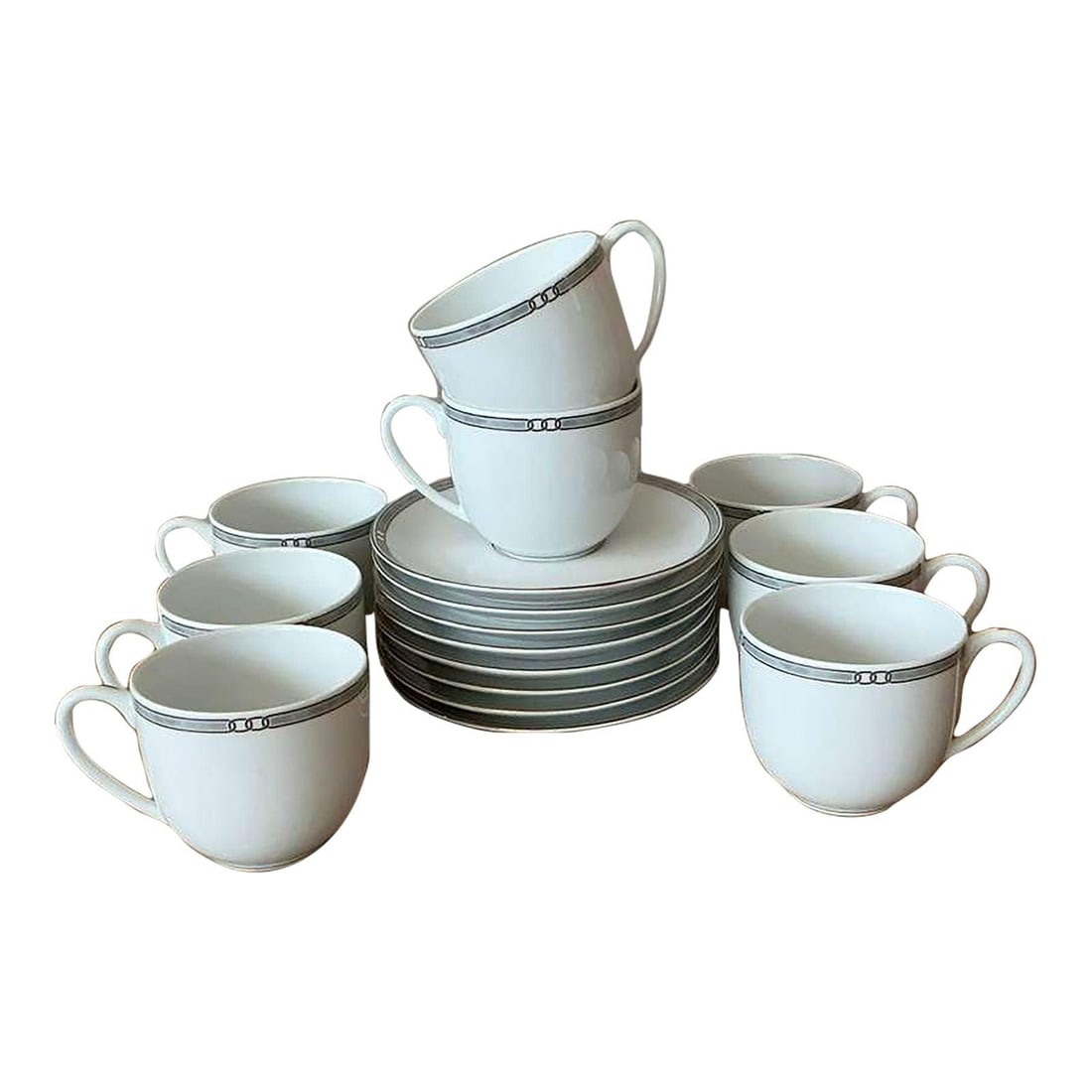 Set of 8 Alliance Grey Tea Cup and Saucer Porcelain Christofle: Set of 8 Alliance Grey Tea Cup and Saucer Porcelain Christofle This set of 8 Christofle "Alliance Grey" tea cups with matching saucers features a refined minimalistic design with the signature Allianc