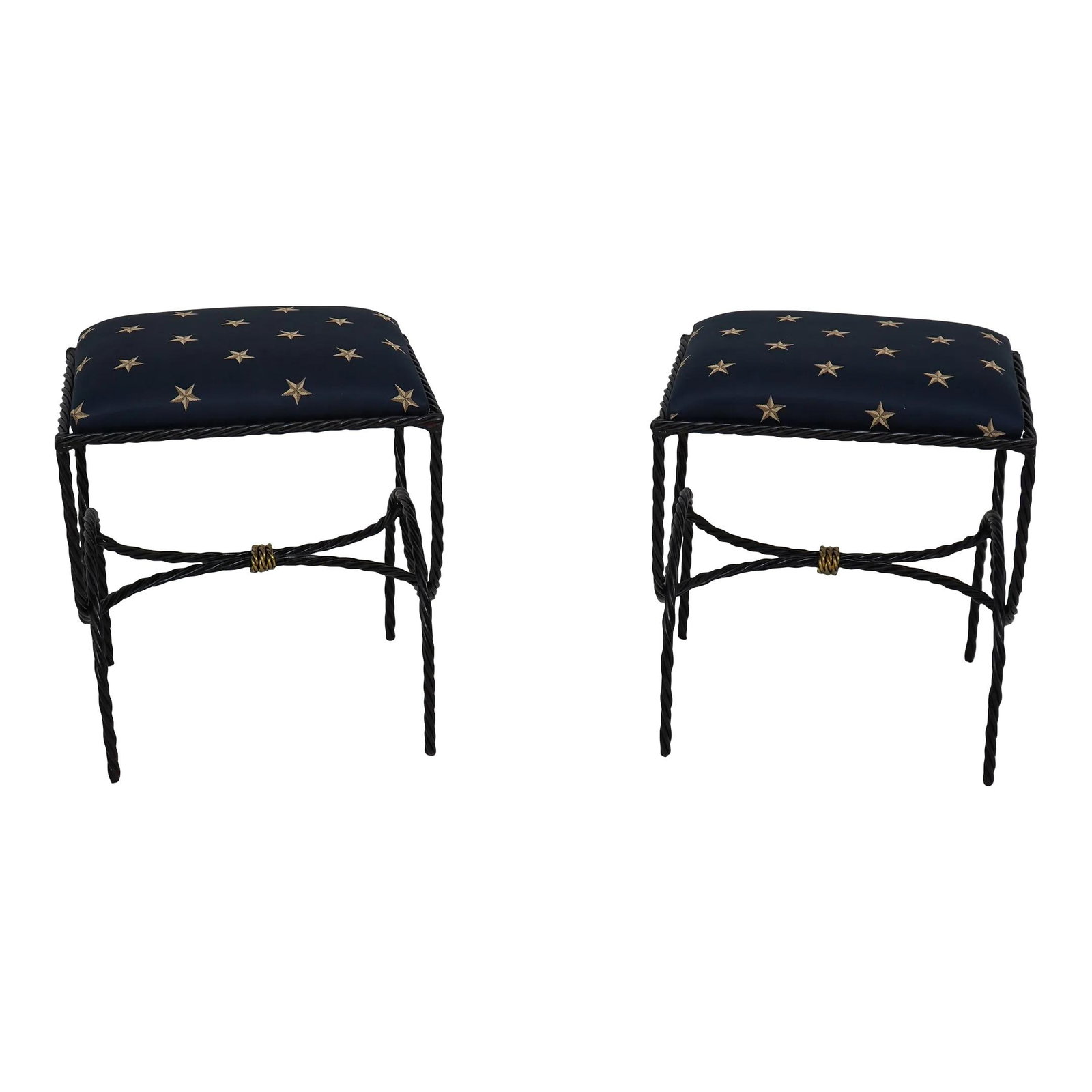 Regency Style Blue Gold Star Benches with Iron Bases: Regency Style Blue Gold Star Benches with Iron Bases This elegant pair of Regency-style benches features a striking blue and gold star design, complemented by sturdy rope twist iron bases. With brand