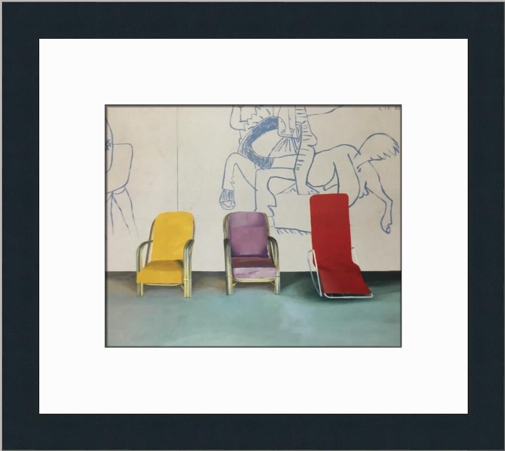 David Hockney Three Chairs Picasso Mural Custom Framed Print 13 x 15: David Hockney Three Chairs Picasso Mural Custom Framed Print 13 x 15 This stunning print features David Hockney's interpretation titled 'Three Chairs And Section Of A Picasso Mural.' The piece is a me