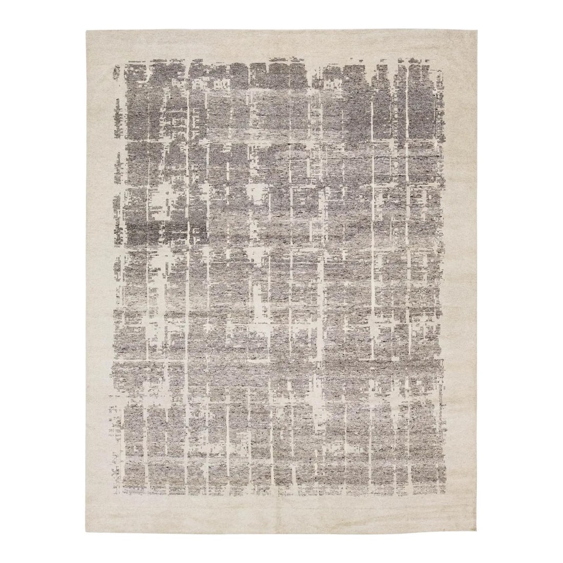 Modern Geometric Wool Rug 11'8 x 15'1 Slate and Cream Abstract Grid Pattern: Modern Geometric Wool Rug 11'8 x 15'1 Slate and Cream Abstract Grid Pattern This contemporary abstract wool area rug features a sophisticated deconstructed grid pattern in neutral slate, charcoal, and