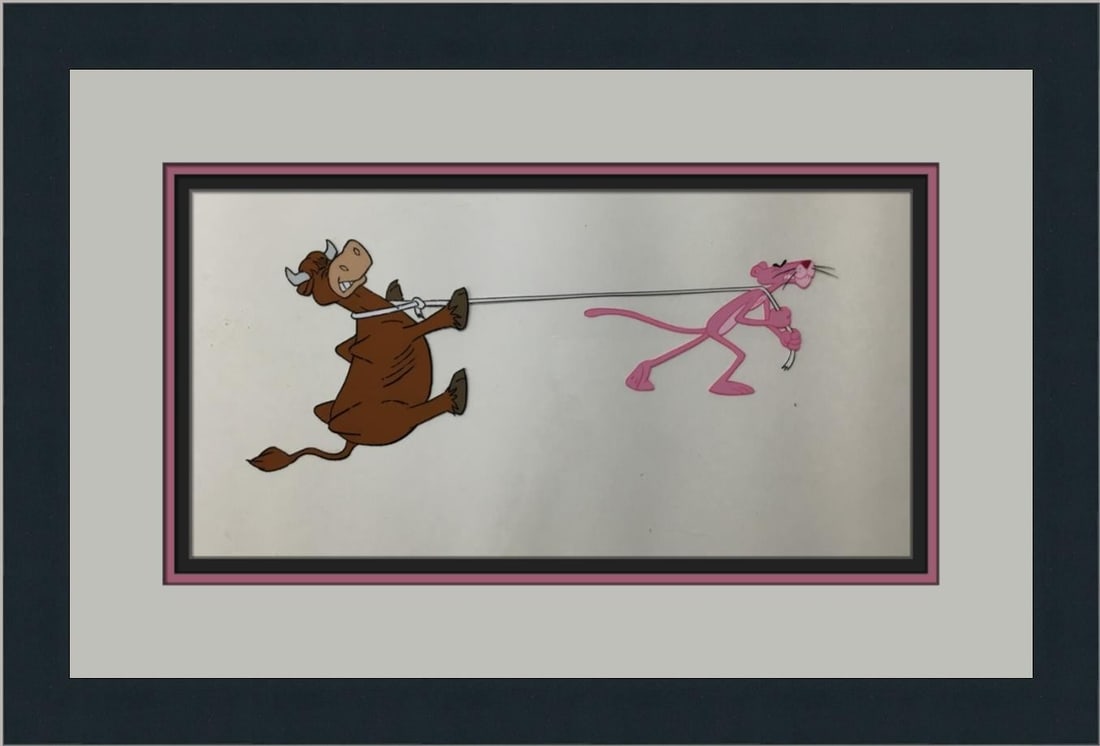 Hand Painted Pink Panther Animation Cel Depicting Cow Scene Framed: Hand Painted Pink Panther Animation Cel Depicting Cow Scene Framed This is an original hand-painted animation production cel from the 1969 Pink Panther series, created by DePatie-Freleng Enterprises I