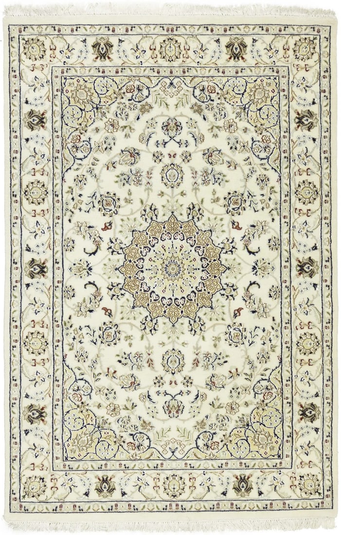 Hand-Knotted Wool and Silk Indo-Nain Area Rug 4'0 x 6'1 Floral Pattern: Hand-Knotted Wool and Silk Indo-Nain Area Rug 4'0 x 6'1 Floral Pattern This small handmade Indo-Nain Oriental rug features a classic floral medallion pattern in cream, light blue-gray, buff, red, dark