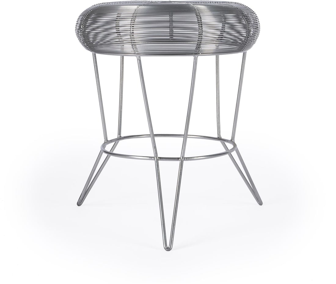 Industrial Style Silver Side Table by Butler 18H 15W 15D: Industrial Style Silver Side Table by Butler 18H 15W 15D Enhance your living space with this Sleek Industrial Silver Side Table by Butler. Featuring a striking industrial style, this table is crafted