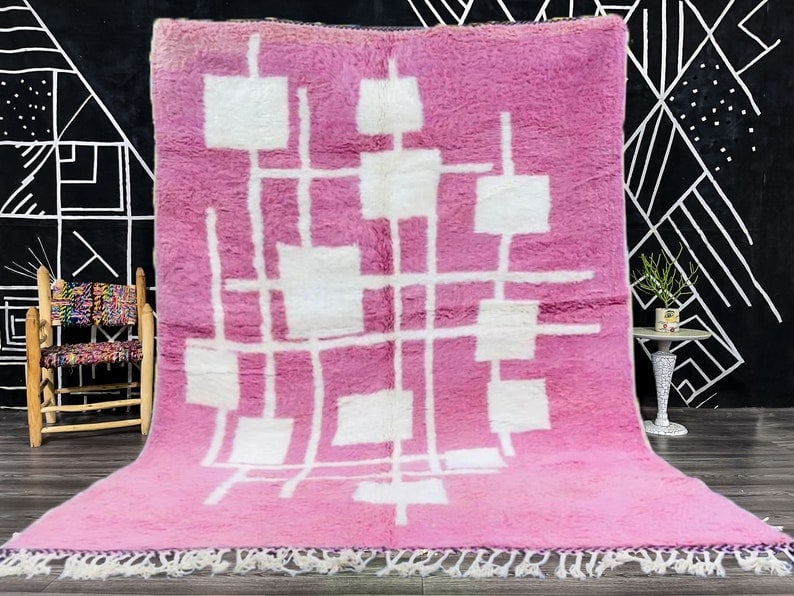 Authentic Handwoven Soft Pink White Rug 100% Sheep Wool Morocco: Authentic Handwoven Soft Pink White Rug 100% Sheep Wool Morocco This authentic soft pink and white rug is handwoven in the Atlas Mountains by local Berber women weavers, utilizing traditional techniqu