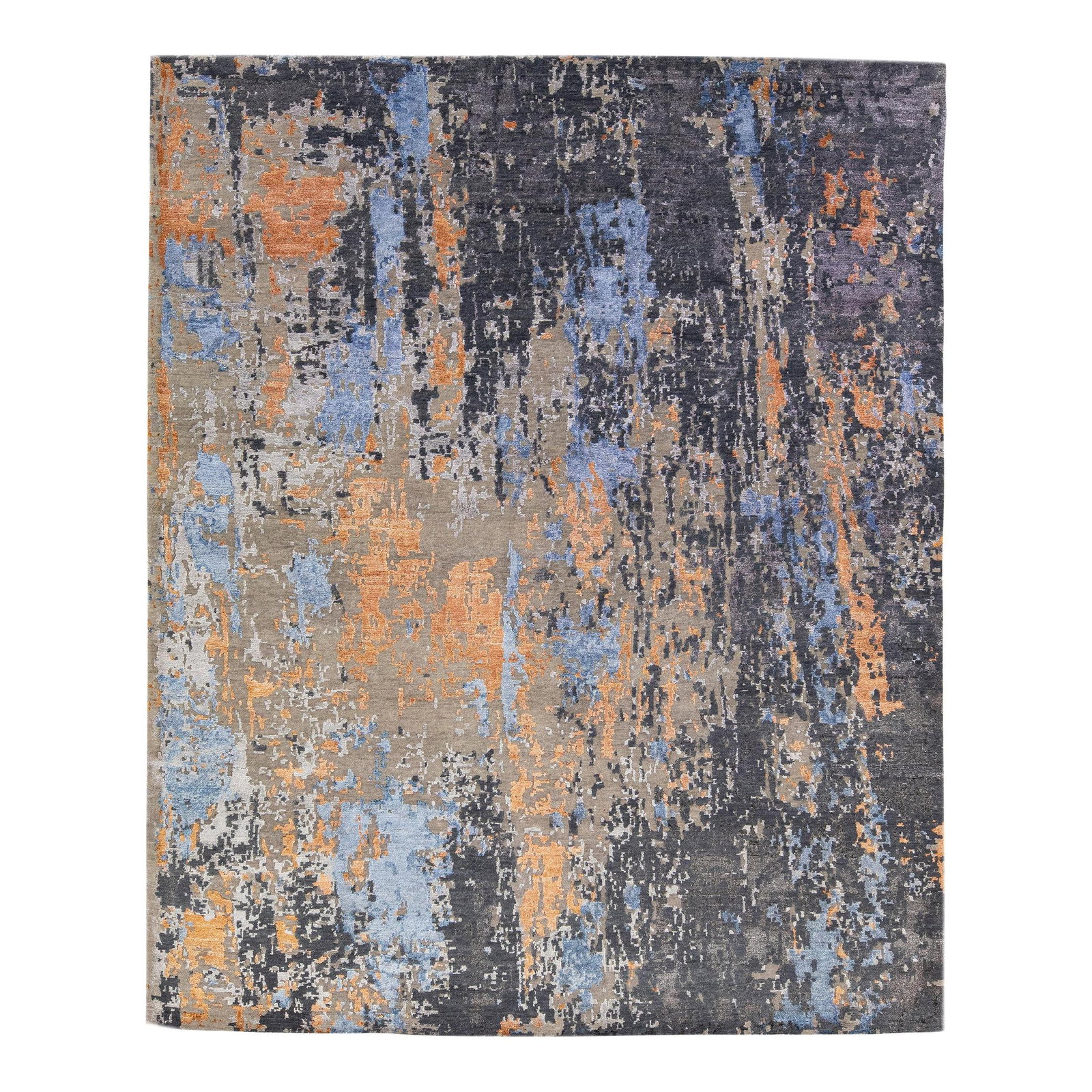 Gray Abstract Motif Wool Silk Handmade Rug 8' x 10': Gray Abstract Motif Wool Silk Handmade Rug 8' x 10' Enhance your living space with this exquisite handmade rug, expertly crafted in India from a luxurious blend of wool and silk. The rug showcases a s