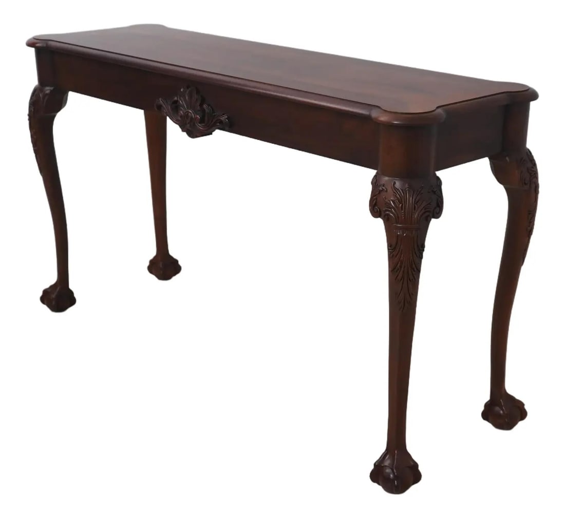Henkel Harris Chippendale Mahogany Sofa Table with Ball & Claw Feet: Henkel Harris Chippendale Mahogany Sofa Table with Ball & Claw Feet This exquisite Henkel Harris Ball & Claw Chippendale Mahogany Sofa Table showcases sophisticated craftsmanship and timeless design,