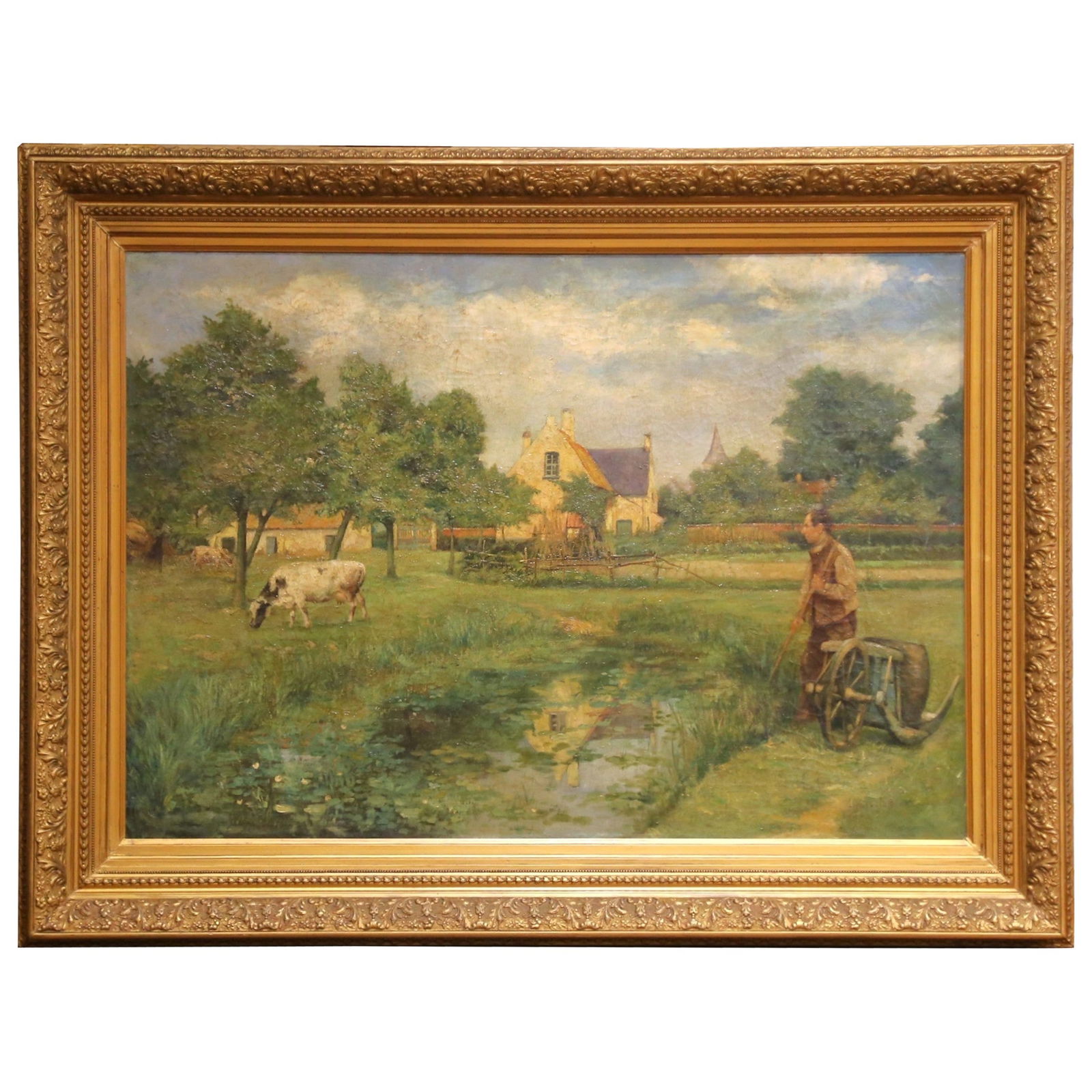 Large Antique Barbizon School French Landscape Oil Painting in Gilt Frame c1870: Large Antique Barbizon School French Landscape Oil Painting in Gilt Frame c1870 This impressive mid-19th century French oil painting, created circa 1870, features a tranquil pastoral landscape in the