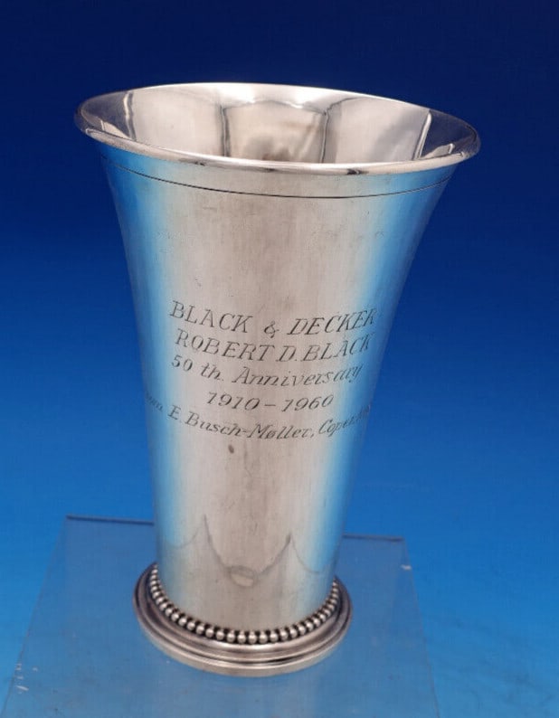 Georg Jensen Beaded Sterling Silver Vase 50th Anniversary Inscription: Georg Jensen Beaded Sterling Silver Vase 50th Anniversary Inscription This exquisite Beaded Vase by Georg Jensen is crafted from high-quality sterling silver, showcasing a timeless design. It features