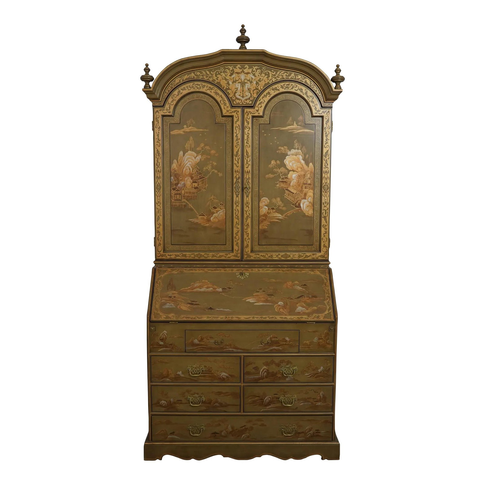Julia Gray Chinoiserie Painted Secretary Desk Gold Wood 42w x 21.5d x 92h: Julia Gray Chinoiserie Painted Secretary Desk Gold Wood 42w x 21.5d x 92h Enhance your space with this stunning Chinoiserie painted secretary desk, approximately 25 years old. This exquisite piece fea