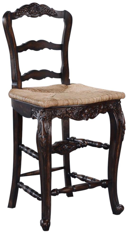 Rustic Country French Rattan Counter Stool Distressed Walnut Finish: Rustic Country French Rattan Counter Stool Distressed Walnut Finish Enhance your kitchen or dining area with this Charming French Farmhouse Counter Stool, designed in a rustic country French style. Cr
