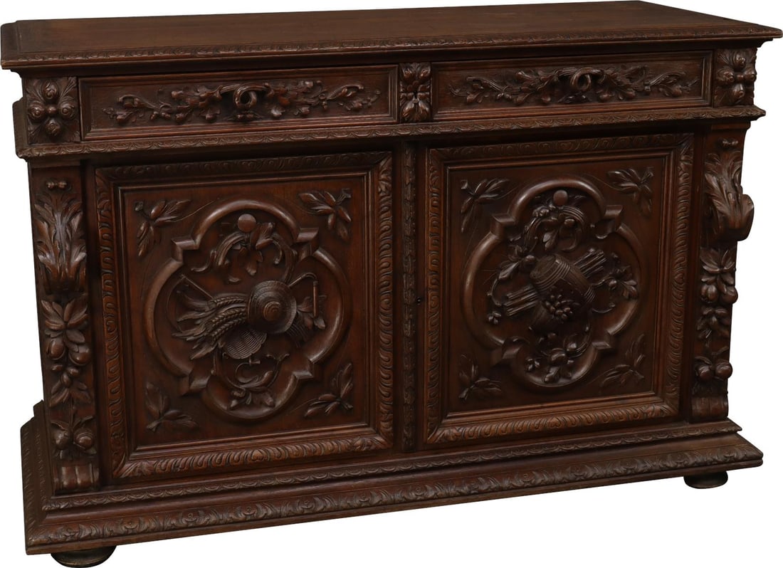 French Style Antique Oak Sideboard 1880: French Style Antique Oak Sideboard 1880 This elegant antique oak sideboard, crafted circa 1880, showcases a classic French style that adds charm and character to any room. It features wood separation