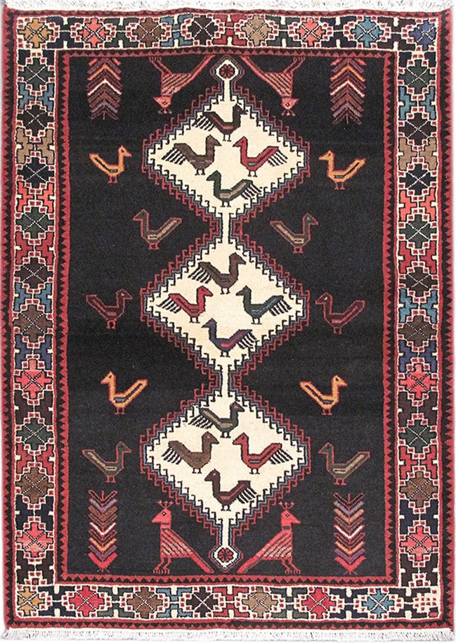3.7 x 5 Hand-Knotted Persian Tribal Rug Iran Black Primitive Birds Wool: 3.7 x 5 Hand-Knotted Persian Tribal Rug Iran Black Primitive Birds Wool Free continental US Shipping This 3.7 x 5 hand-knotted Persian tribal carpet from Iran features a striking black background with