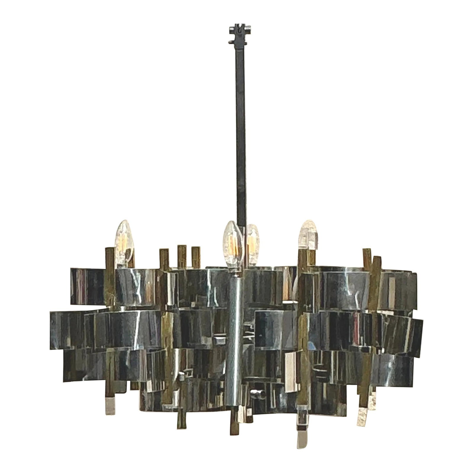 Gaetano Sciolari Futura Chrome Brass Chandelier Mid-Century Modern Vintage: Gaetano Sciolari Futura Chrome Brass Chandelier Mid-Century Modern Vintage Elevate your interior with this exquisite Mid-Century Modern "Futura" chandelier designed by Gaetano Sciolari. This stunning