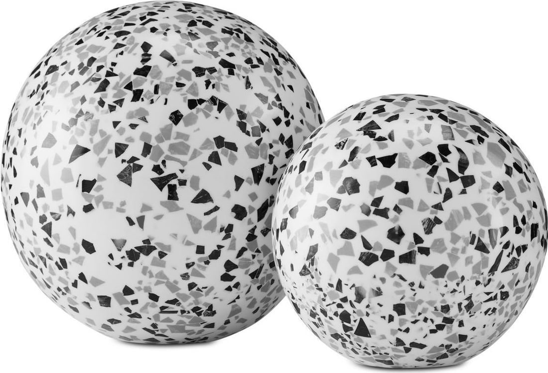 Chic Ross Black White Speckle Ball Set by Currey: Chic Ross Black White Speckle Ball Set by Currey Enhance your home decor with the Chic Ross Speckle Ball Set, featuring a stylish contemporary design. This set includes two sizes: Size 1 measures 8.25