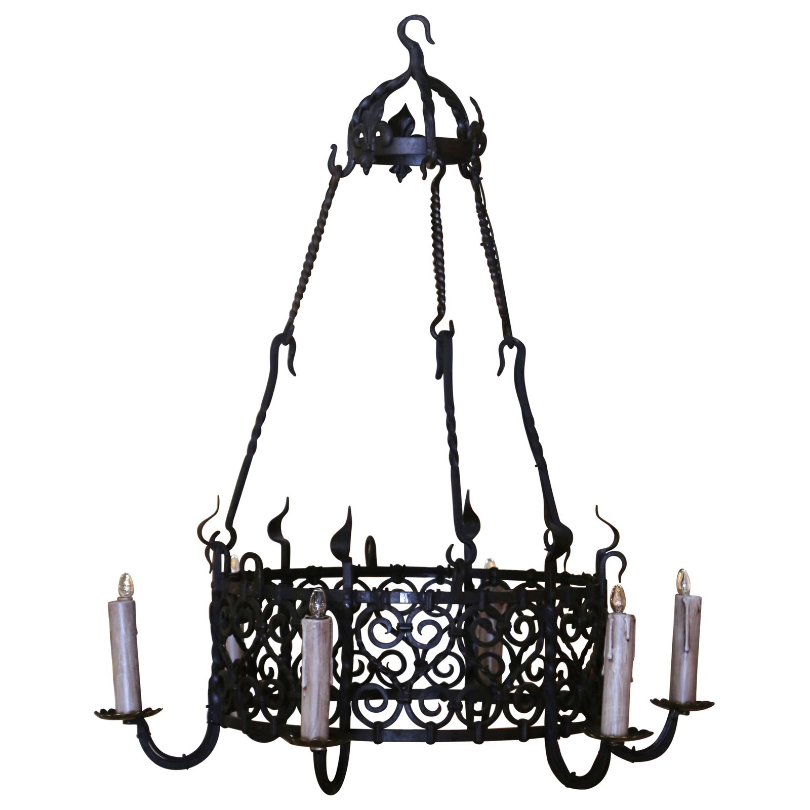 19th Century French Gothic Iron Six-Light Chandelier Circa 1870: 19th Century French Gothic Iron Six-Light Chandelier Circa 1870 Illuminate your space with this stunning 19th Century French Gothic Wrought Iron Six-Light Chandelier. Crafted in France circa 1870, thi