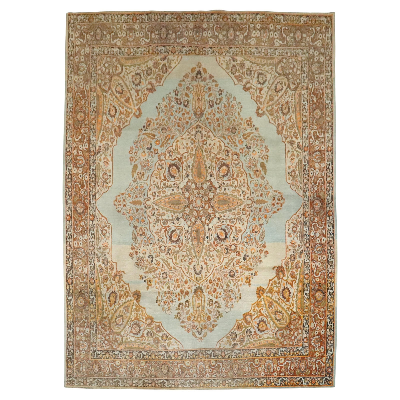 Early 1900s Tabriz Wool Rug in Turquoise and Orange from Iran 8'10" x 11'8": Early 1900s Tabriz Wool Rug in Turquoise and Orange from Iran 8'10" x 11'8" This early 20th century Persian Tabriz rug features a hand-woven wool construction with intricate floral patterns in vibrant