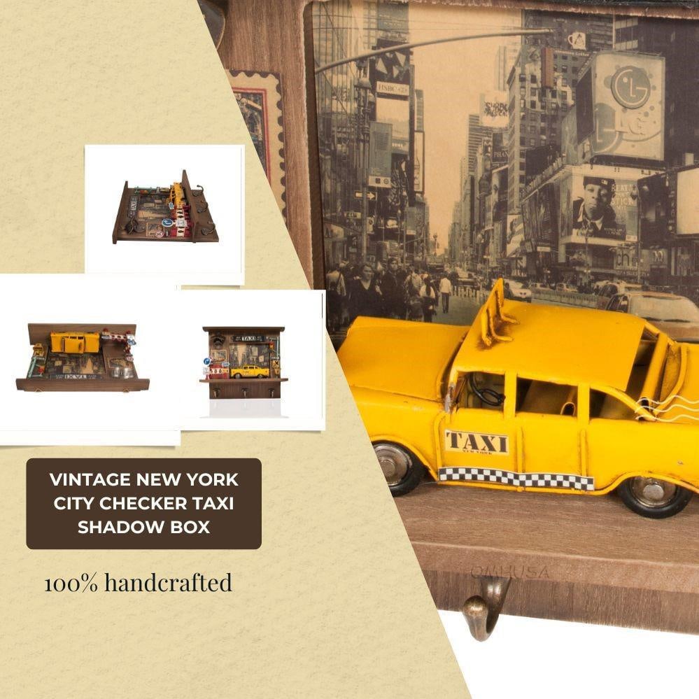 NYC Checker Taxi Shadow Box with Hooks: NYC Checker Taxi Shadow Box with Hooks This Vintage Style Taxi Shadow Box captures the essence of New York City with its Americana style design. It features a meticulously handmade construction that c