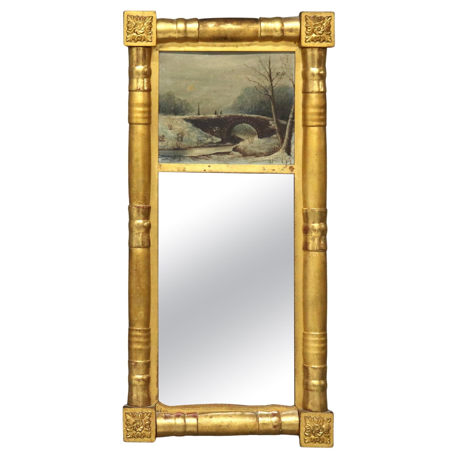 Antique American Empire Giltwood Mirror with Landscape Painting c1840: Antique American Empire Giltwood Mirror with Landscape Painting c1840 This exquisite Antique American Empire giltwood wall mirror combines elegance and artistry, featuring an oil on board landscape pa