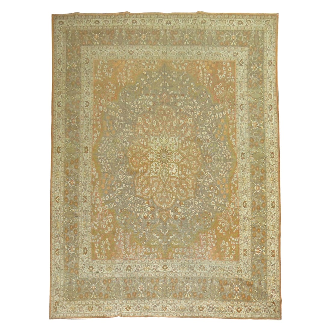 Early 20th Century Persian Tabriz Orange Wool Hand-Knotted Rug 9'3" x 12'5": Early 20th Century Persian Tabriz Orange Wool Hand-Knotted Rug 9'3" x 12'5" This exquisite Fine Orange Antique Persian Tabriz Rug showcases a captivating blend of predominantly orange hues, complement