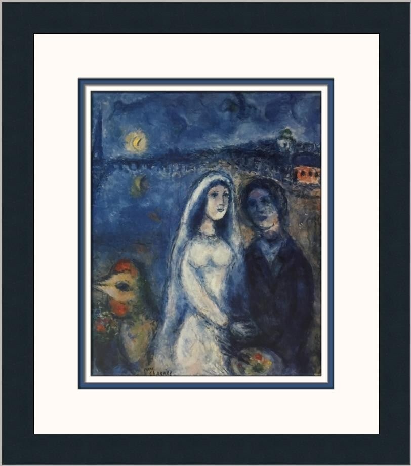 Marc Chagall Bride and Groom Eiffel Tower Custom Framed Print 1993: Marc Chagall Bride and Groom Eiffel Tower Custom Framed Print 1993 This stunning print titled "Bride and Groom The Eiffel Tower" by renowned artist Marc Chagall captures the essence of love and romanc