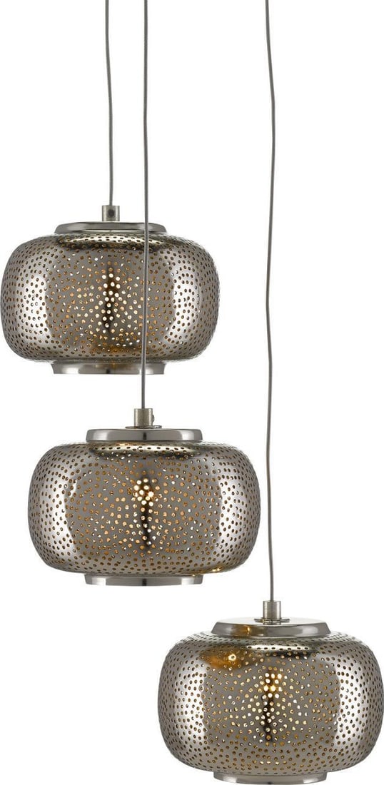 Currey Modern Multi-Drop Pendant Light Wrought Iron 3-Bulb Nickel Finish: Currey Modern Multi-Drop Pendant Light Wrought Iron 3-Bulb Nickel Finish Illuminate your space with this stylish Modern Silver and Nickel Pendant Fixture. This multi-drop pendant light features a cont