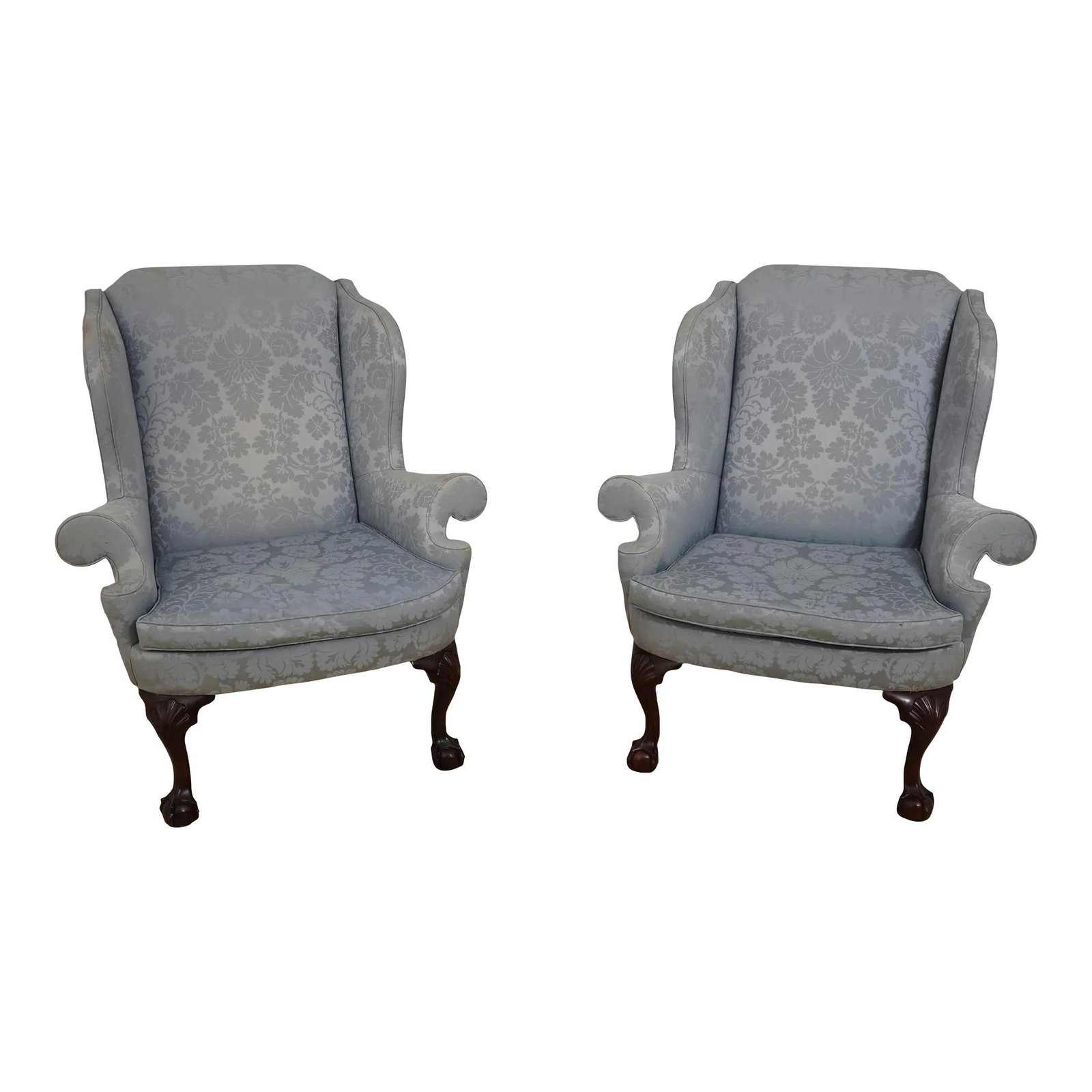 Elegant Pair of Kindel Winterthur Wing Chairs Chippendale Style Mahogany Finish: Elegant Pair of Kindel Winterthur Wing Chairs Chippendale Style Mahogany Finish This exquisite pair of Kindel Winterthur Collection Philadelphia Wing Chairs showcases timeless elegance and masterful c
