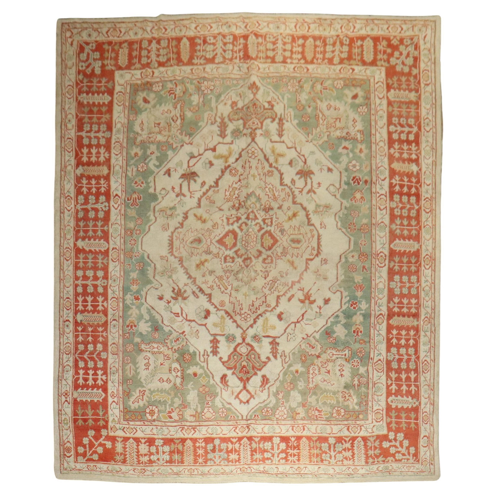 Zabihi Collection Ivory Antique Oushak Rug 10'3 x 13' Hand-Woven Wool Turkey: Zabihi Collection Ivory Antique Oushak Rug 10'3 x 13' Hand-Woven Wool Turkey Discover the elegance of this early 20th century Turkish Oushak rug, a stunning addition to any home decor. Hand-woven from