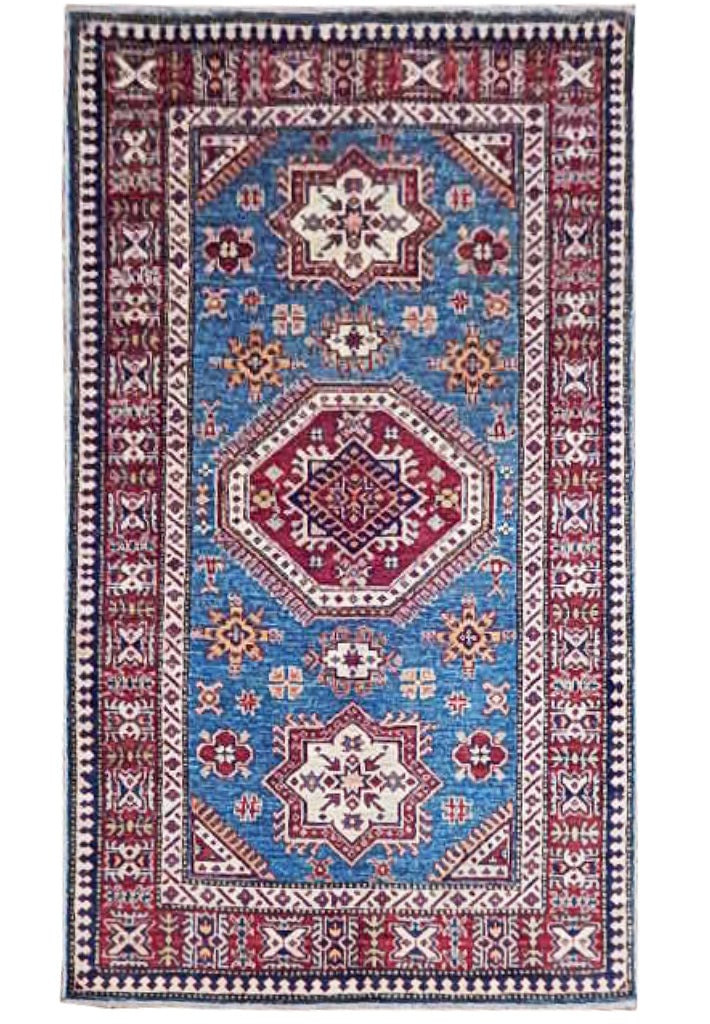 Super Kazak Hand-Knotted Wool Rug 46 x 74 Blue Geometric Pattern: Super Kazak Hand-Knotted Wool Rug 46 x 74 Blue Geometric Pattern Free continental US Shipping Enhance your home decor with this stunning 3.10 x 6.2 Super Kazak Rug in an elegant blue tone. This hand-k