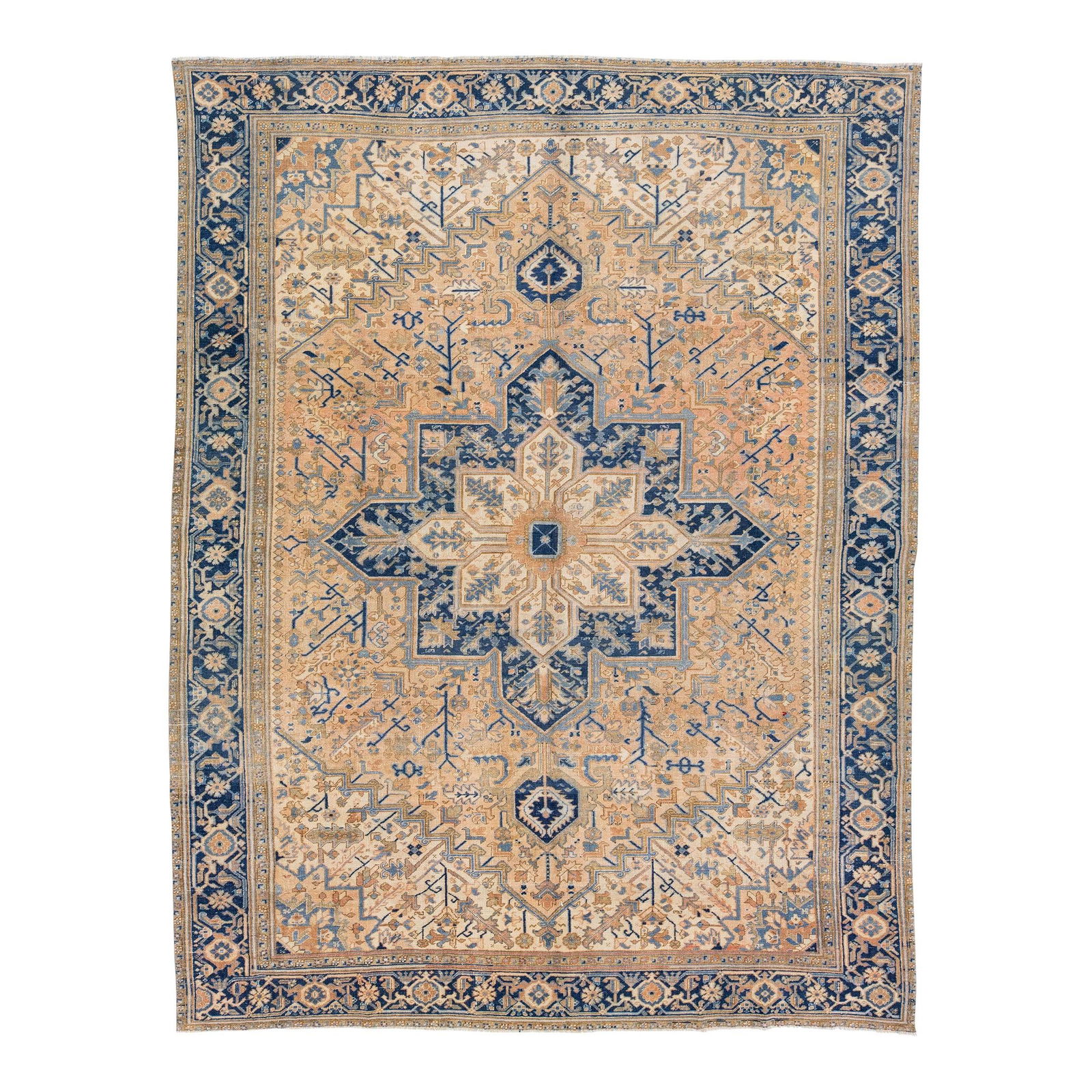 1930s Handmade Heriz Wool Rug with Medallion in Peach 10.1 x 13.2: 1930s Handmade Heriz Wool Rug with Medallion in Peach 10.1 x 13.2 This exquisite 1930s Vintage Handmade Heriz Wool Rug showcases a stunning medallion motif that embodies classic elegance and sophistic