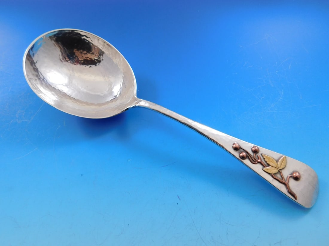 Frank M Whiting Hammered Sterling Silver Berry Spoon with Copper Cherries and Gold Leaves: Frank M Whiting Hammered Sterling Silver Berry Spoon with Copper Cherries and Gold Leaves This exquisite berry spoon, crafted by Frank M. Whiting, features a unique hammered and applied pattern. Made