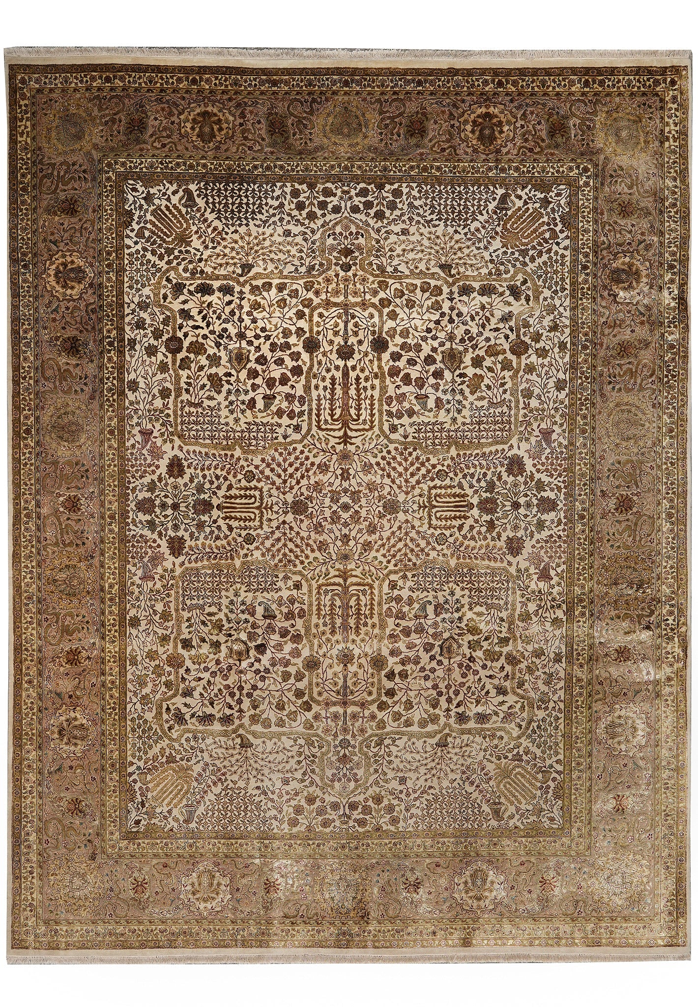 9.4 x 12 Hand-Knotted Wool Silk Rug Neutral Fancy Details: 9.4 x 12 Hand-Knotted Wool Silk Rug Neutral Fancy Details Free continental US Shipping This hand-knotted rug is crafted from a high-quality blend of wool and silk, offering a soft, lustrous pile that