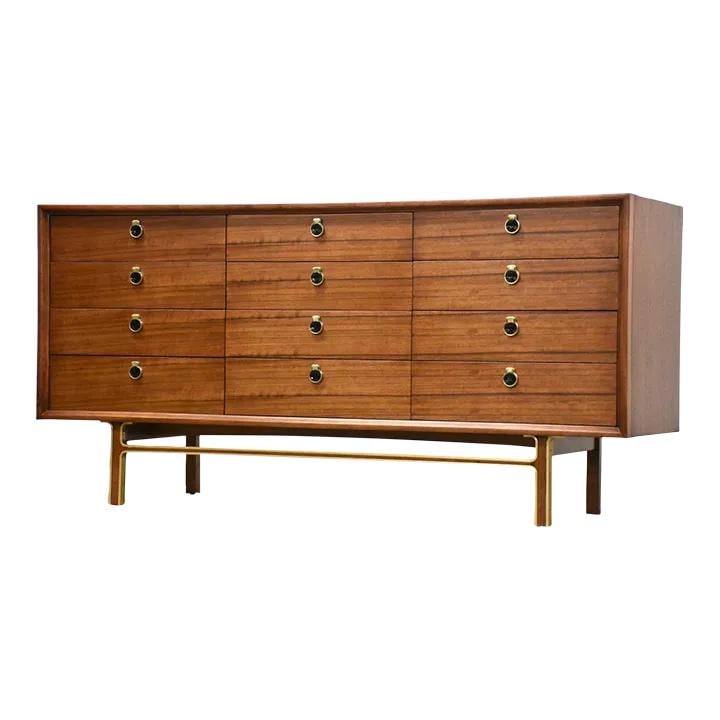 Mid Century Modern Zebra Wood Dresser with Brass Accents 65.75": Mid Century Modern Zebra Wood Dresser with Brass Accents 65.75" This exquisite mid-century modern dresser showcases beautiful zebra wood complemented by polished brass accents, all finished in a rich