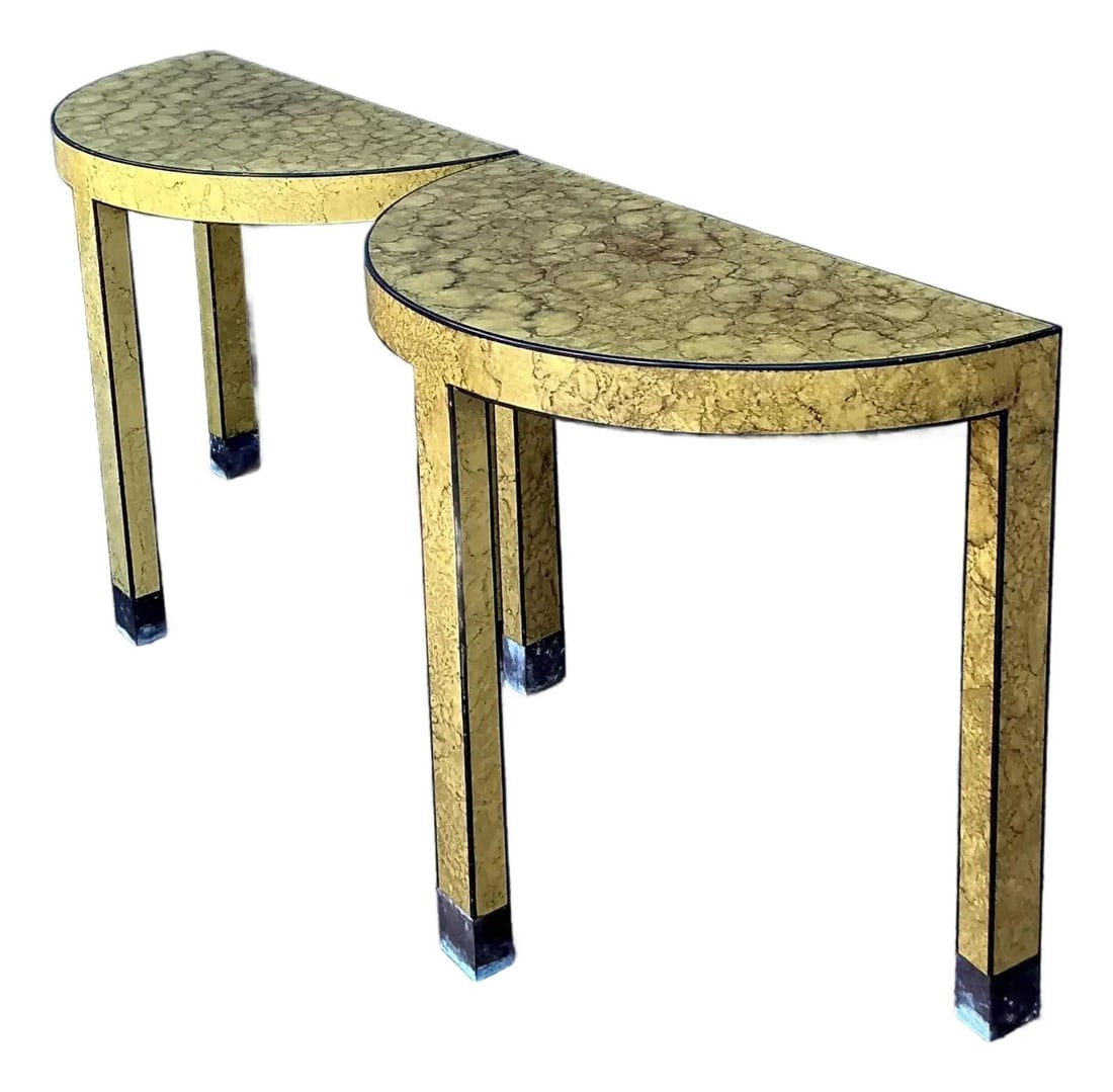 Pair of 1970s Faux Stone Demilune Tables with Brass Accents (1 of 10)