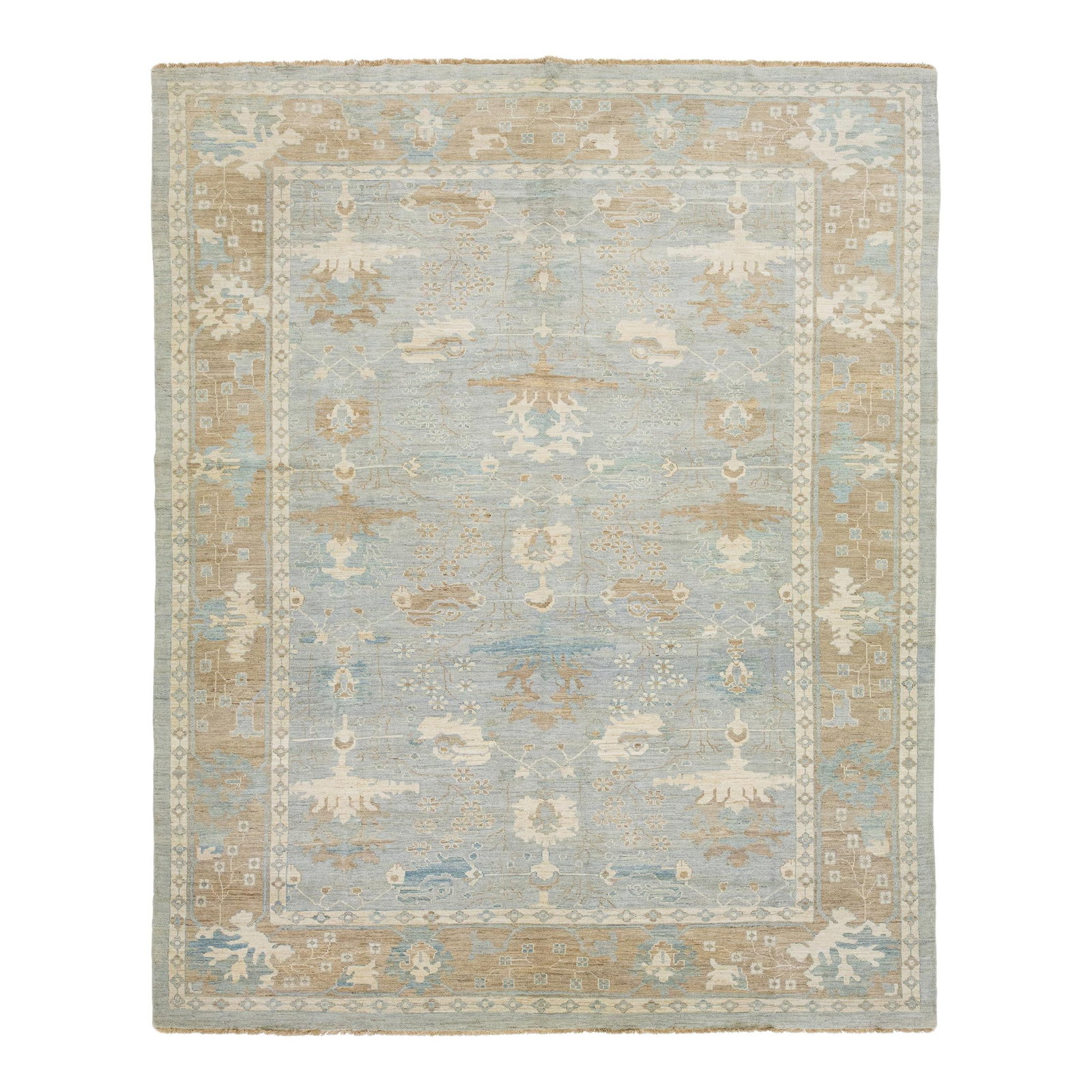 Handmade Light Blue Wool Sultanabad Rug 12'2 x 15': Handmade Light Blue Wool Sultanabad Rug 12'2 x 15' This exquisite hand-knotted wool rug features a stunning light blue background embellished with vibrant multicolor accents in an intricate all-over d