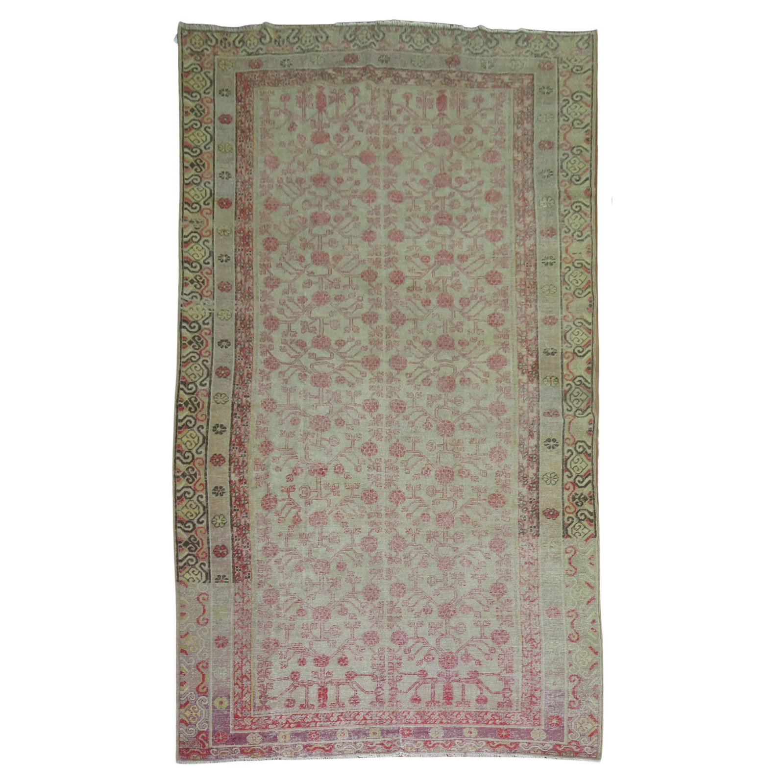 Antique Khotan Rug 76 x 158 East Turkestan Pomegranate Design: Antique Khotan Rug 76 x 158 East Turkestan Pomegranate Design Discover this exquisite Antique Worn Khotan Rug, a stunning piece that showcases the rich heritage of East Turkestan. This gallery-sized r