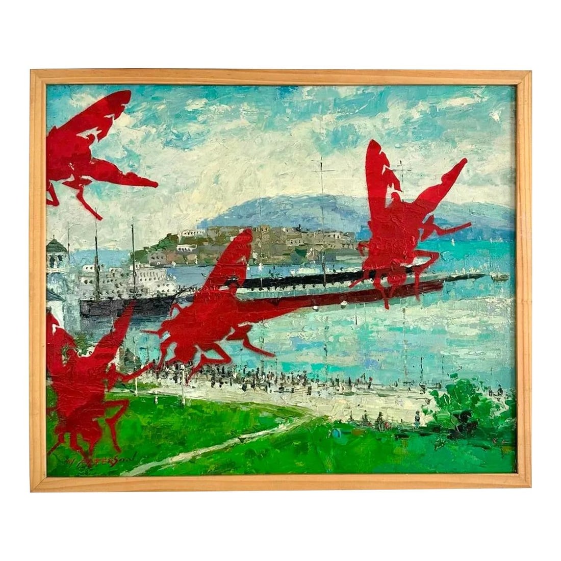 Unique Vintage Boho Outsider Art Oil on Canvas 25.1 x 21.25: Unique Vintage Boho Outsider Art Oil on Canvas 25.1 x 21.25 This vintage boho painting showcases a unique artistic process where the artist has creatively painted over an existing artwork, resulting i