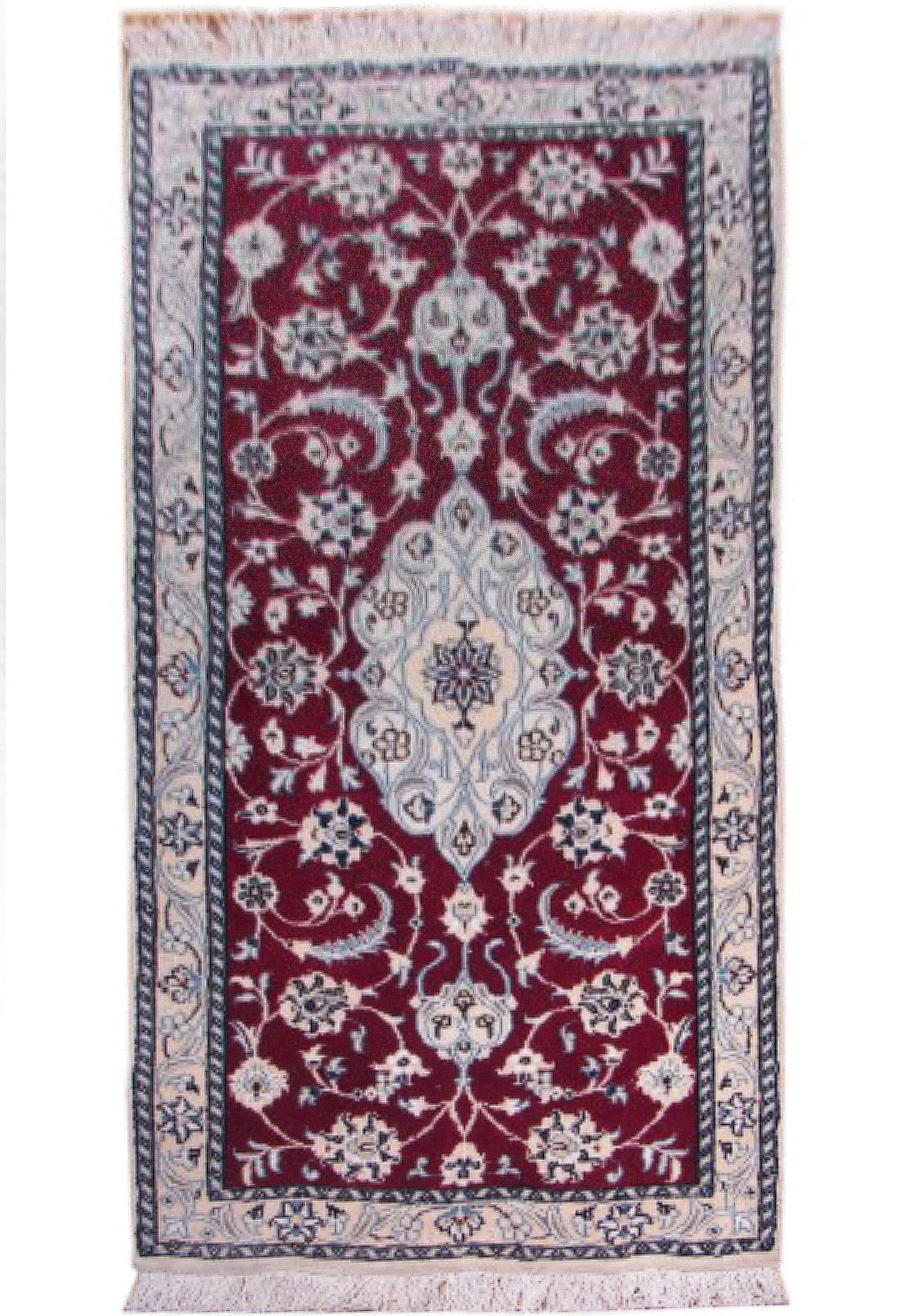 Persian Nain Hand-Knotted Rug 2 x 4.8 ft Wool and Silk Medallion Design: Persian Nain Hand-Knotted Rug 2 x 4.8 ft Wool and Silk Medallion Design Free continental US Shipping This 2 x 4.8 Persian Nain rug is a hand-knotted piece crafted by skilled artisans in Iran, renowned